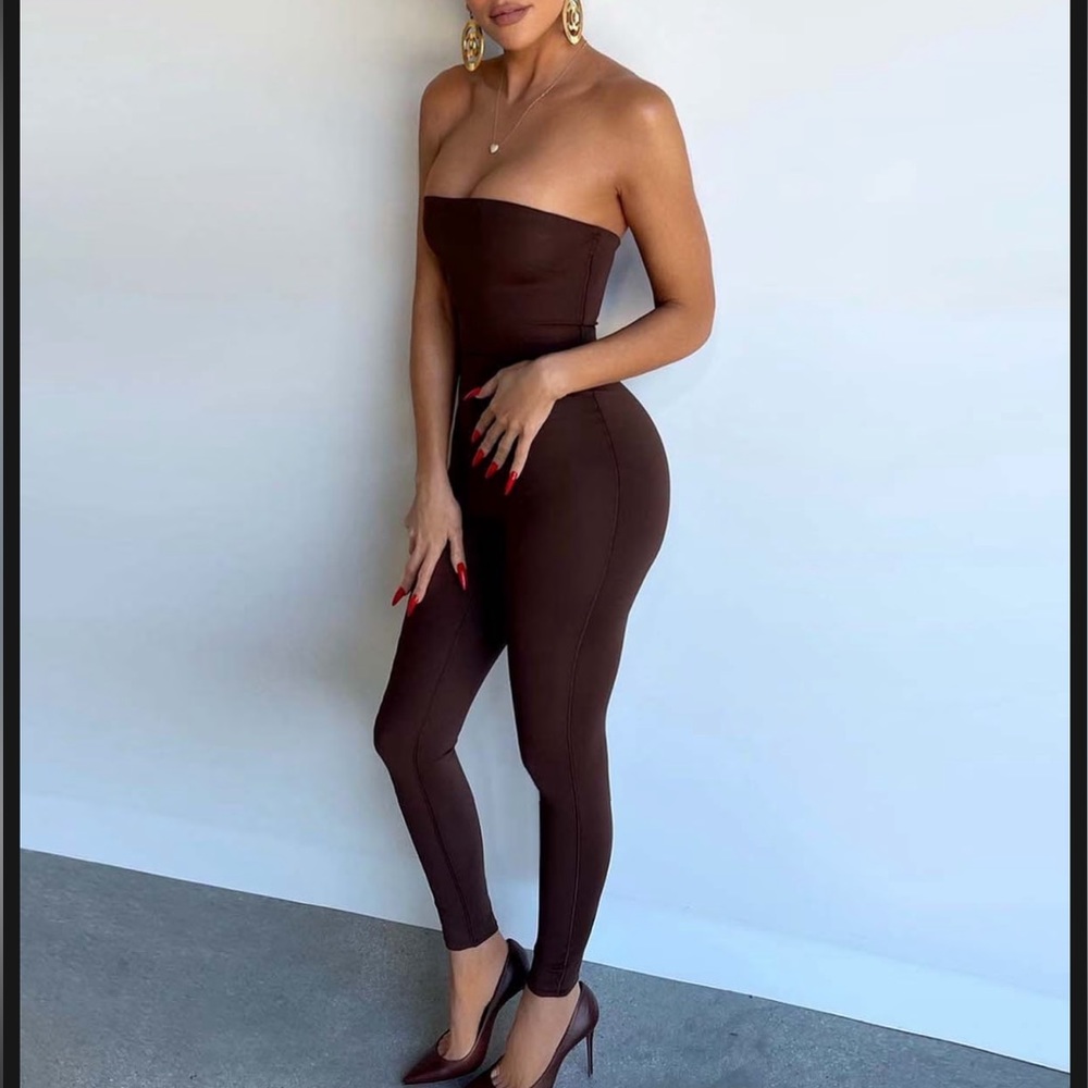 Elegant Brown Strapless Jumpsuit